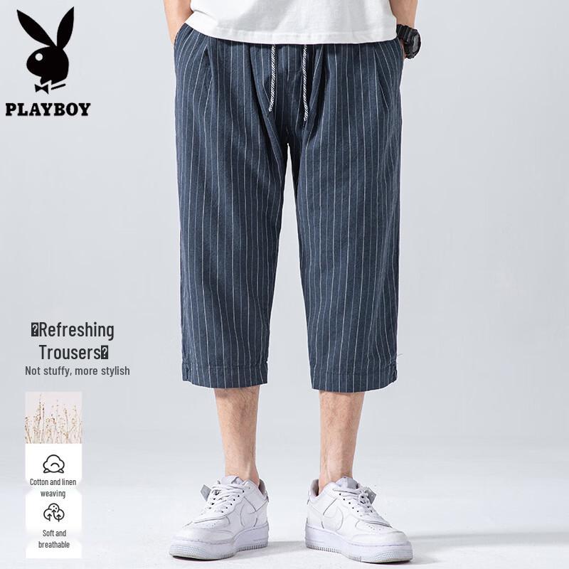PLAYBOY Men s Retro Striped Cotton Linen Cropped Pants L