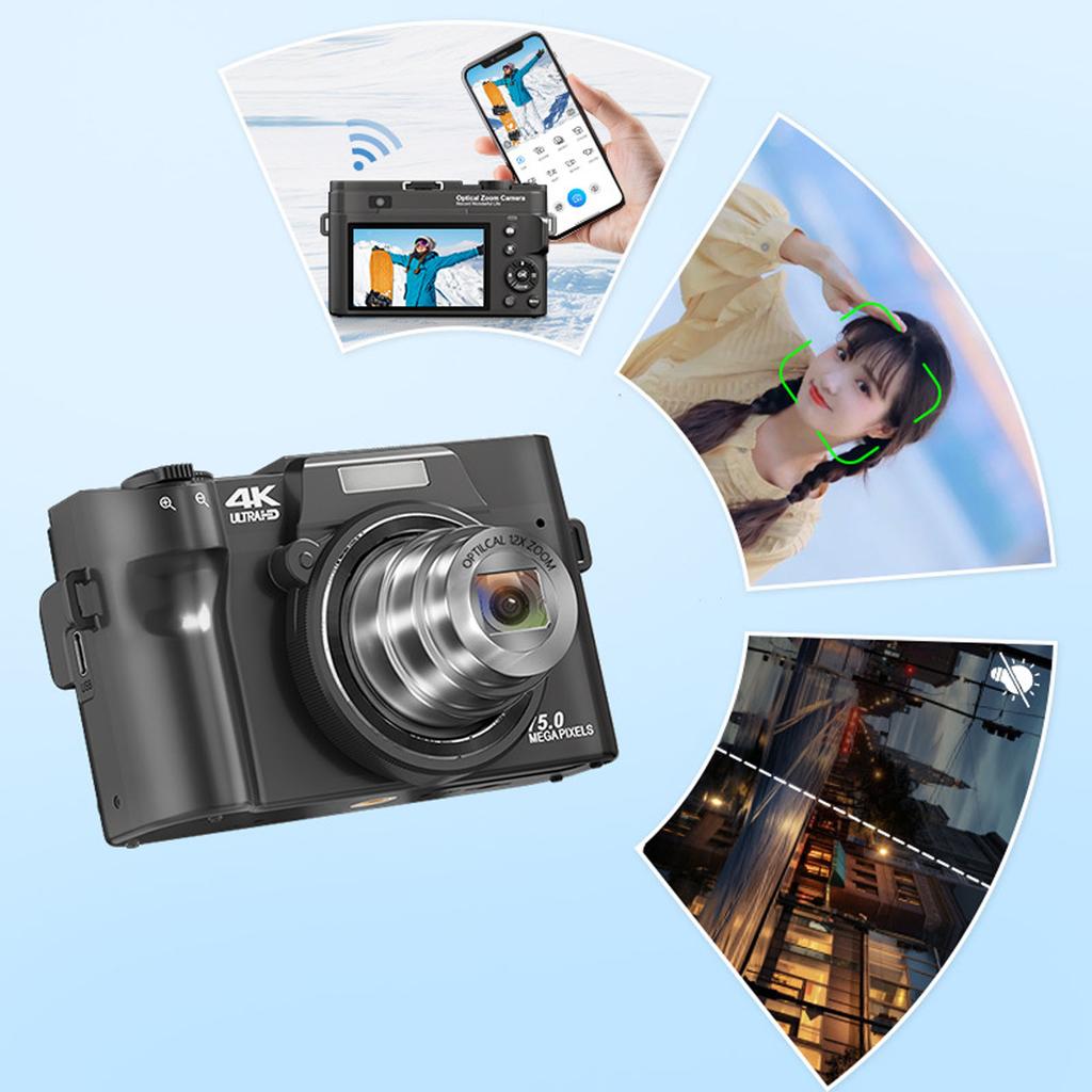 4K Digital Camera 12X Optical Zoom WIFI 75MP Portable Auto   Compact Camera for Travel