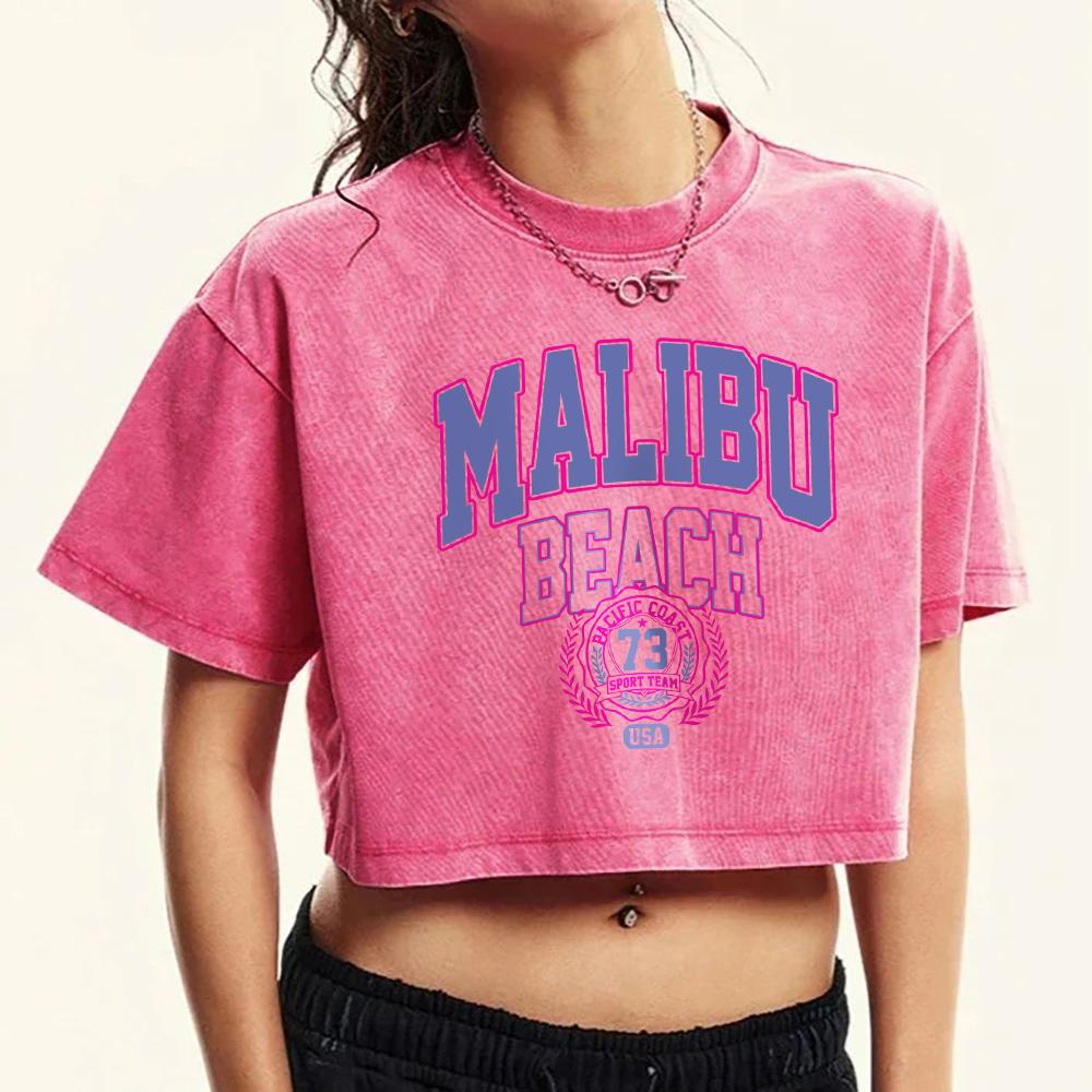 Retro Malibu Beach Art Letter Printed Women Crop Washed T-Shirt Cotton O-Neck T Shirts Street Clothes Slim Short Sleeve