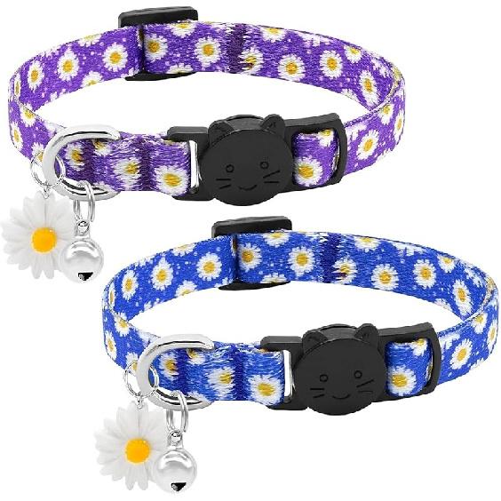 Floral Cat Collar Breakaway with Daisy Pendant, Cute Flowers Daisy Cat Collars for Girl Cats, Safety Removable Cat Collars for Kittens Soft Kitty Purple + Blue