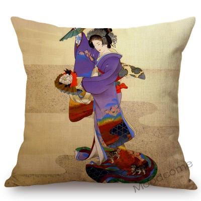 Floral Asian Girl Woman Japanese Geisha Art Sofa Pillow Case Japan Painting Beauty Goddess Home Decor Cotton Linen Cushion Cover