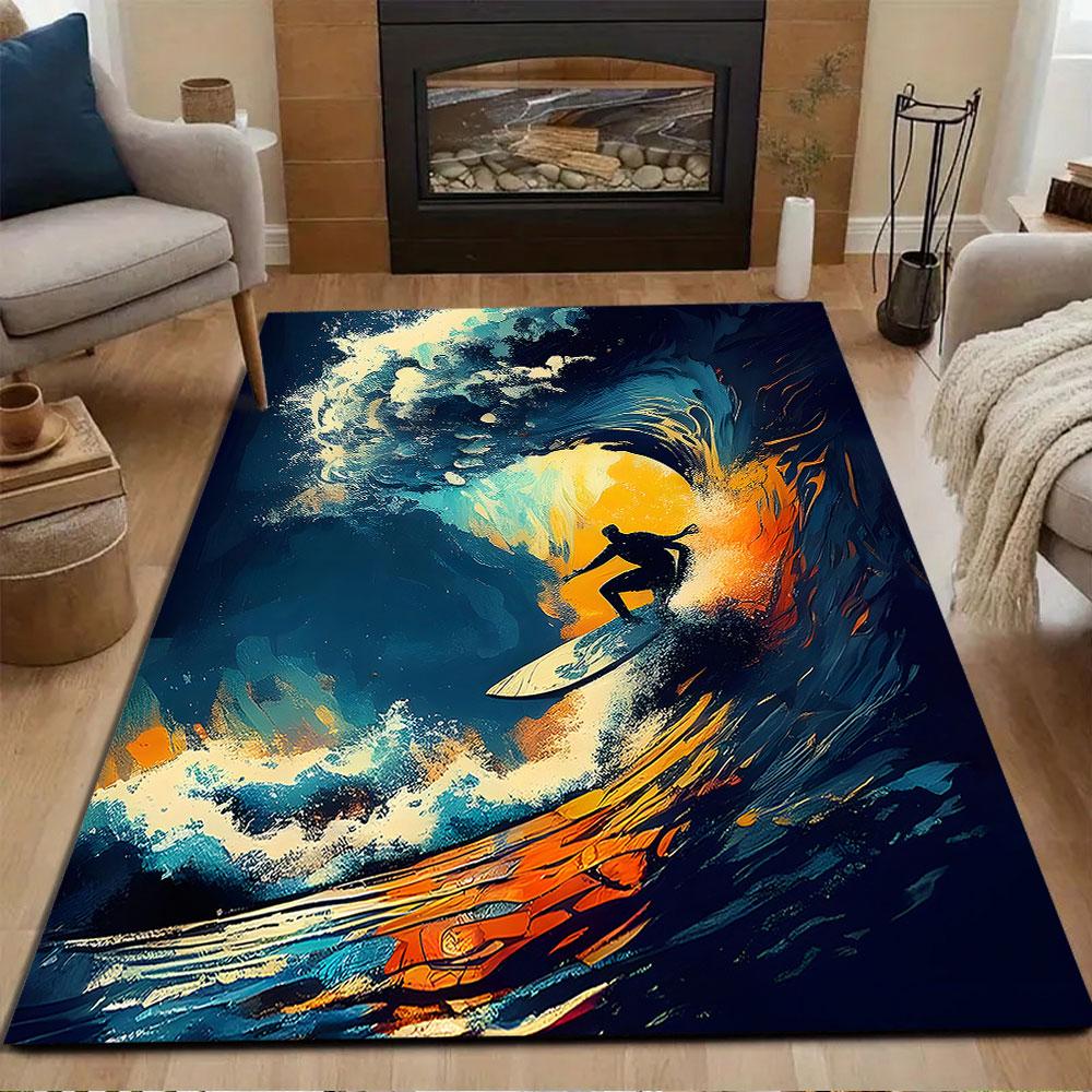 Surfer Riding a Vibrant Wave Patterned carpet, non slip mat suitable for living room and bedroom sofas