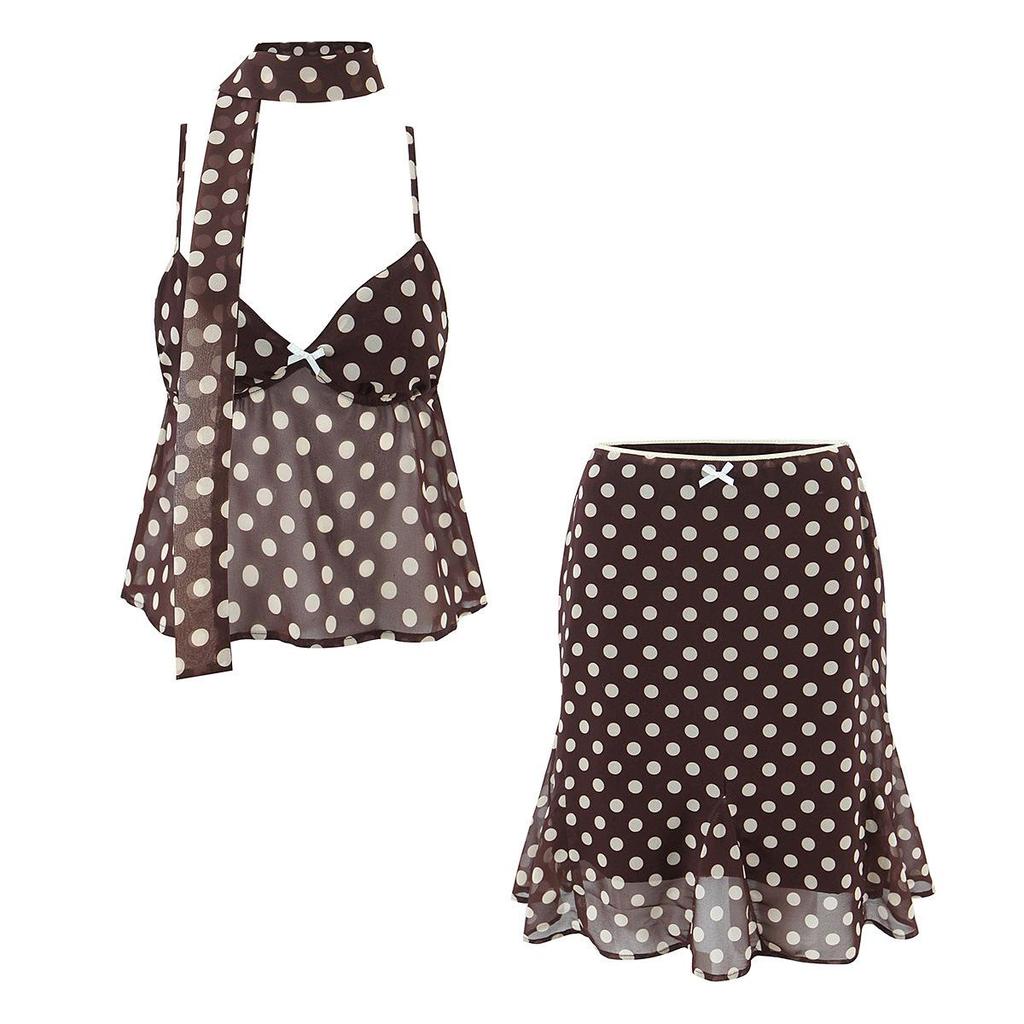 American Style Polka Dot V-Neck Camisole & High-Waisted Skirt Two-Piece Set
