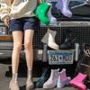 Fashion Mid Tube High Top Motorcycle Rain Boots  Women's Anti Slip and Wear-resistant Rain Shoes  Women Fashion Punk Thick Soled Shoes