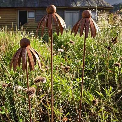 Rustic Metal Coneflower Garden Stake Rusty Iron Yard Art Outdoor Large Wildflower Decoration for Lawn Pathway Patio Planter Decor