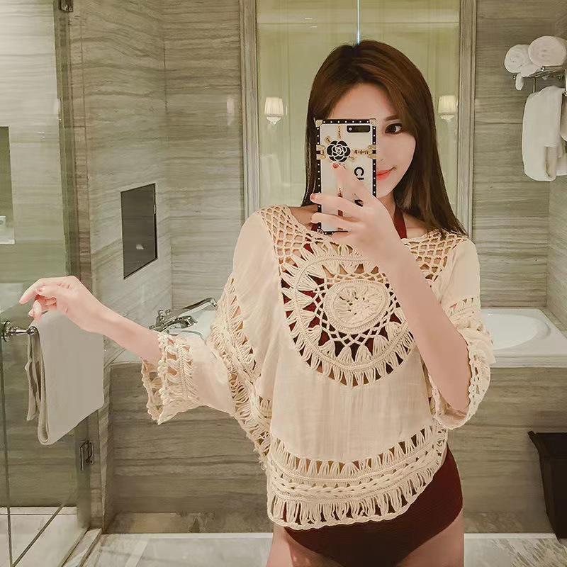 Sexy Pullover Hand Hook Hollow Half Round Knit Sweater Beach Cover-up Summer Women's Seven Sleeve Spa Shirt