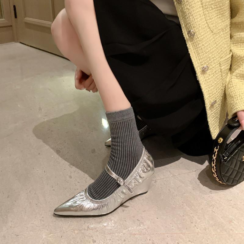 Spring 2025 New Pointed Wedge Heel Non-slip One-word Strap Single Shoes Versatile High Heels Mary Jane Shoes Women's Single Shoes