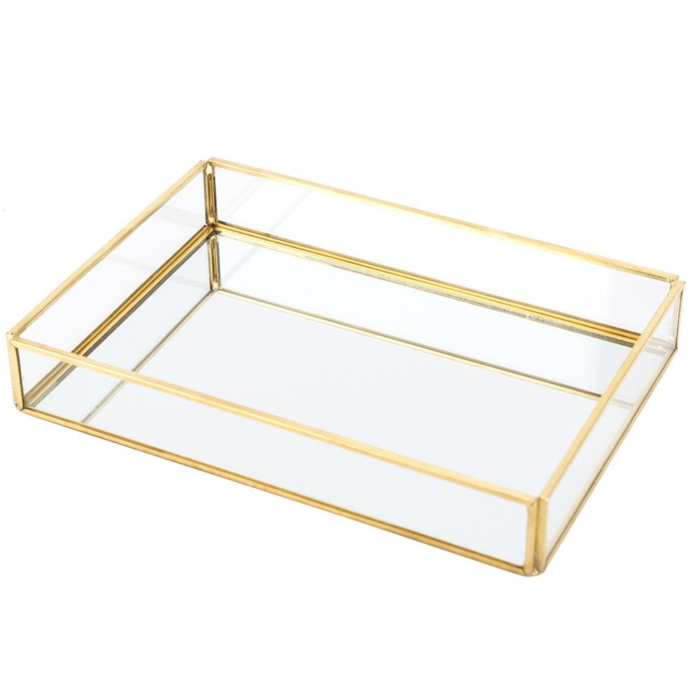 Vintage Metall-Glas-Aufbewahrungsbox Rechteckige Glas-Kosmetik-Displaybox Transparente Fächer Goldrand-Schmuck-Displaybox