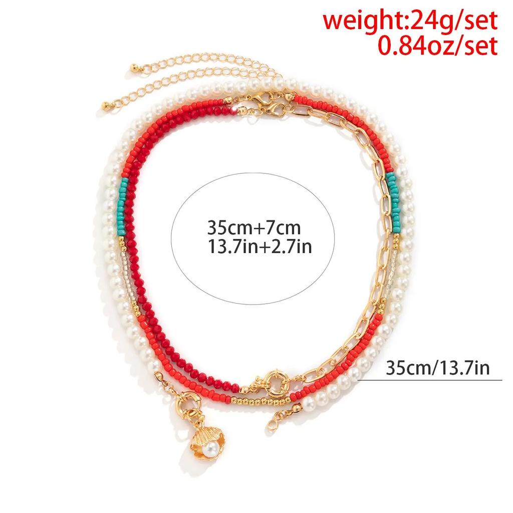 Boho Imitation-Pearl Colorful Seed Bead Chain Necklace for Women Summer Scallop OT Buckle Pendant Choker Jewelry Y2K Accessories