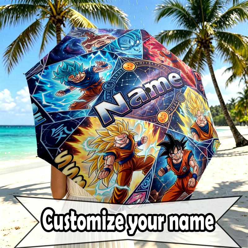 Custom Name Personalized Dragon Ball Z Print Umbrella, Auto Open Close, 8‑Rib Sturdy Frame, Commute Camping Hiking Use, Birthday Gift