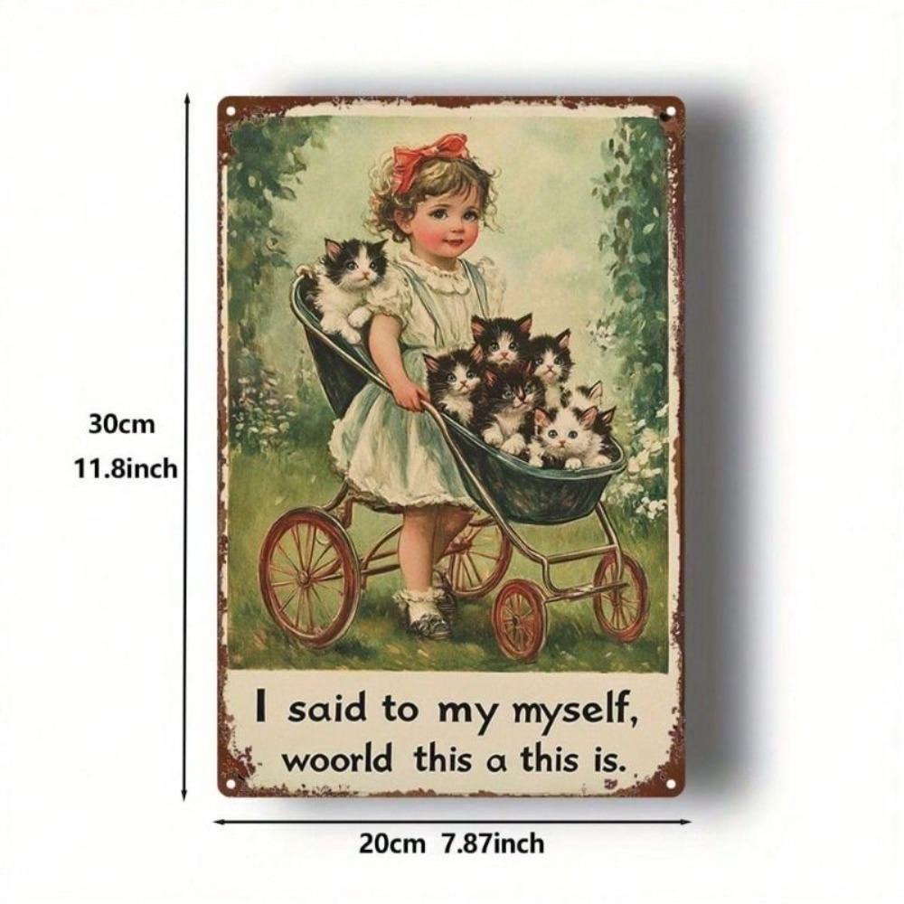 Metal Wall Art Girl with Kitten Stroller Decor for Nursery Living Room 20x30cm