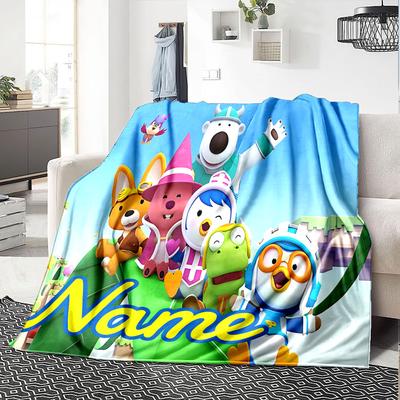 Custom Name Pororo Friends Adventure Flannel Blanket for Super Soft Cute Comfort Blanket for Travel Bedding Couch Sofa Blanket