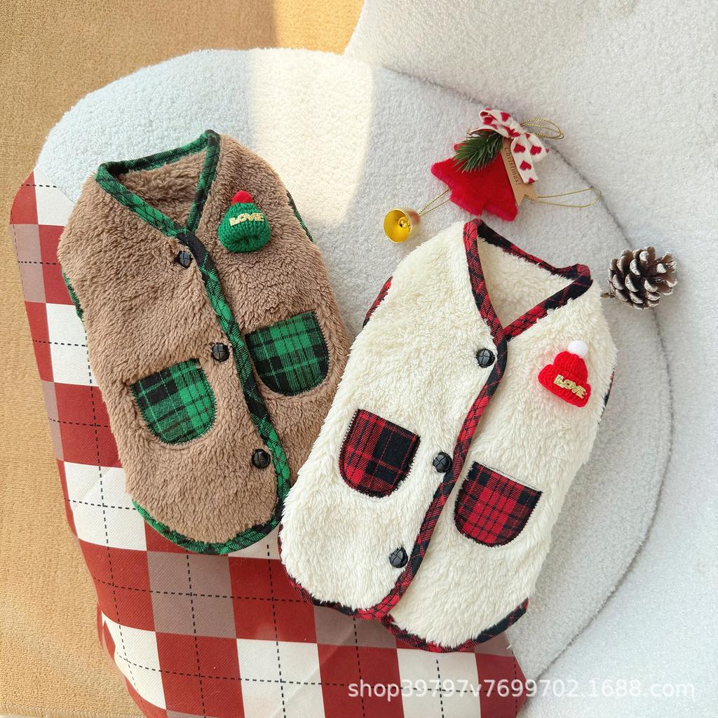 Christmas Wind Cat Clothes Autumn and Winter Warm Thickened Double-sided Velvet Cardigan Vest Dog Clothes