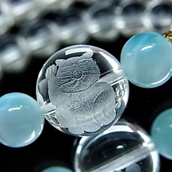 no Beckoning Cat Crystal Larimar Lucky Brings Happiness and Good Natural Stone Power Stone Playful Bracelet 21 C55 [Neko Yume] Charm, Fortune, Women's