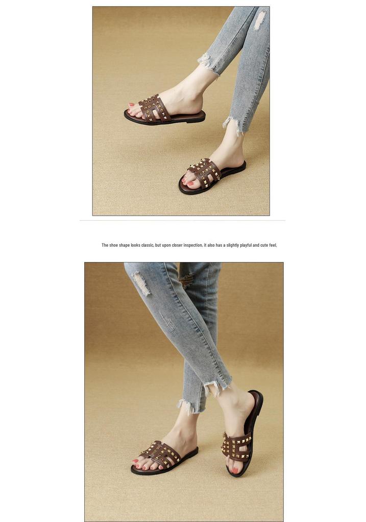 Chic Women's Rivet Slippers: 2025 Summer Fashion, Flat Bottom, Stylish Single Strap for Outdoors & Beach