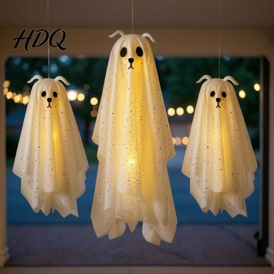 Glowing Ghost for Front Door 3 Pcs Lighted Dog Hanging Ornaments Spooky Halloween Outdoor Flying Decorations Gauze with LED Light Tree Porch
