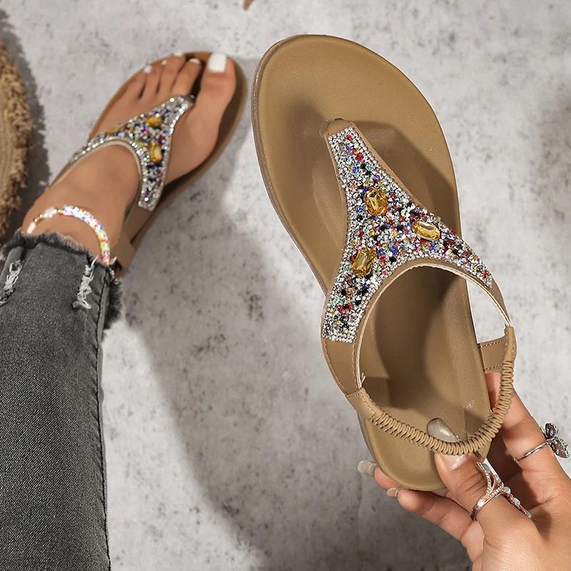 Fashion Fashion Rhinestone Bohemian Sandals Women 2025 Summer Clip Toe Flats Beach Sandles Woman Non Slip Elastic Band Sandalias Mujer