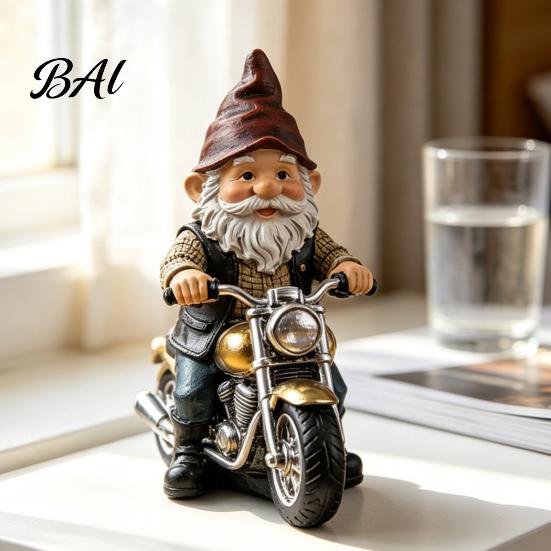 Retro Motorcycle Gnome Ornament Riding Figurine, Motorbike Dwarf Resin Statue Sculpture, for Home Office Desk Bookshelf Hand Painted Figurine