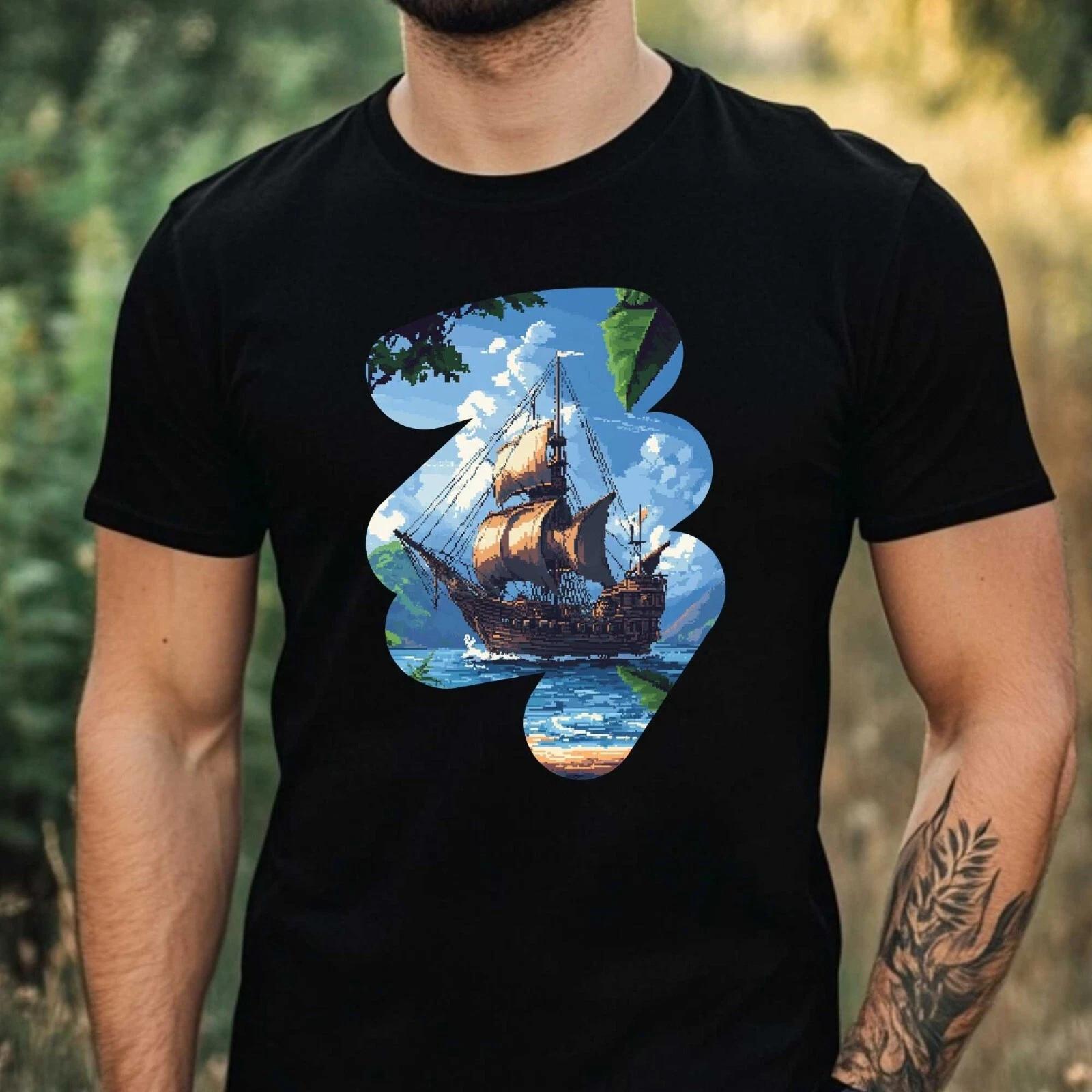 T-Shirt Herren Piratenschiff Pixel Art Motiv Baumwolle Größe XS bis 5XL S