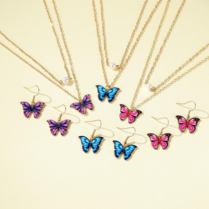 Fashion Choker Chain Pearl Necklace Earrings Sets for Women Jewelry Cute Colorful Butterfly Gold Color Chain Vintage Jewellery