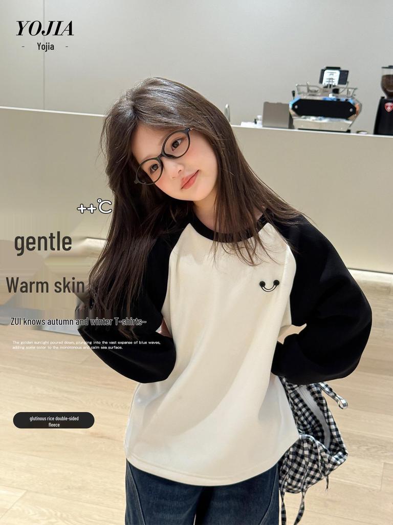 YOJIA Girls' Fleece-Lined Long-Sleeve T-Shirt - Winter 2025 Fashionable Base Layer for Little Girls
