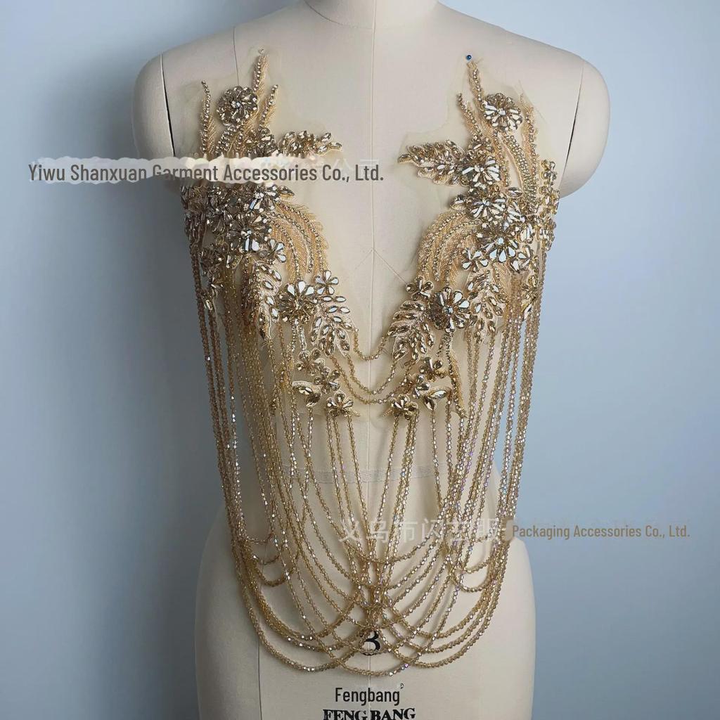 Handmade Beaded Tassel Wedding Dress Shoulder Ornaments with Crystal Diamond Lace Applique