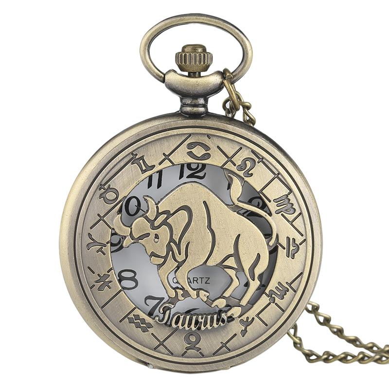 12 Constellation Astrology Zodiac Retro Pocket Watch Bronze Necklace Pendant Mens Women Hollow Flip Cover Quartz Christmas Gifts