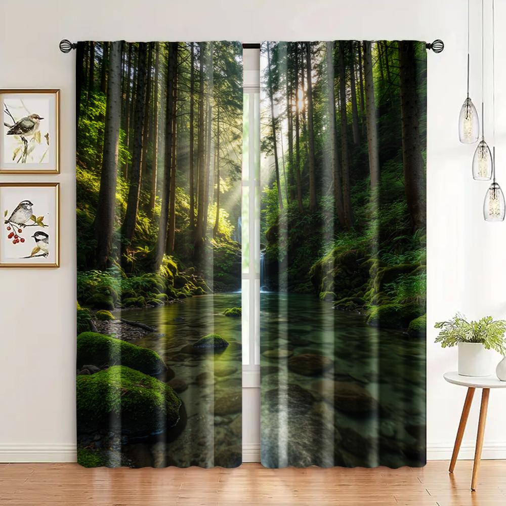 

2 шт., Каскадные шторы, покрытые мхом скалы, кристально чистые заводи, солнечный свет сквозь вечнозеленые деревья - туманная природа Машина 51x82in(130x210cm)