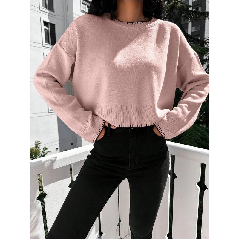 

New fashion round neck long-sleeved knitted ladies sweater, casual loose short pullover sweater top 13484 one size fits all