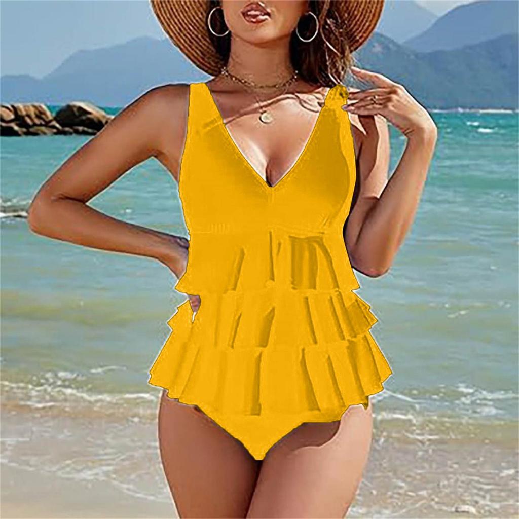 Damen Rüschen Einteiler Badeanzug V-Ausschnitt Bauchkontrolle Bademode für Strand Poolparty Elegantes Rotes Design