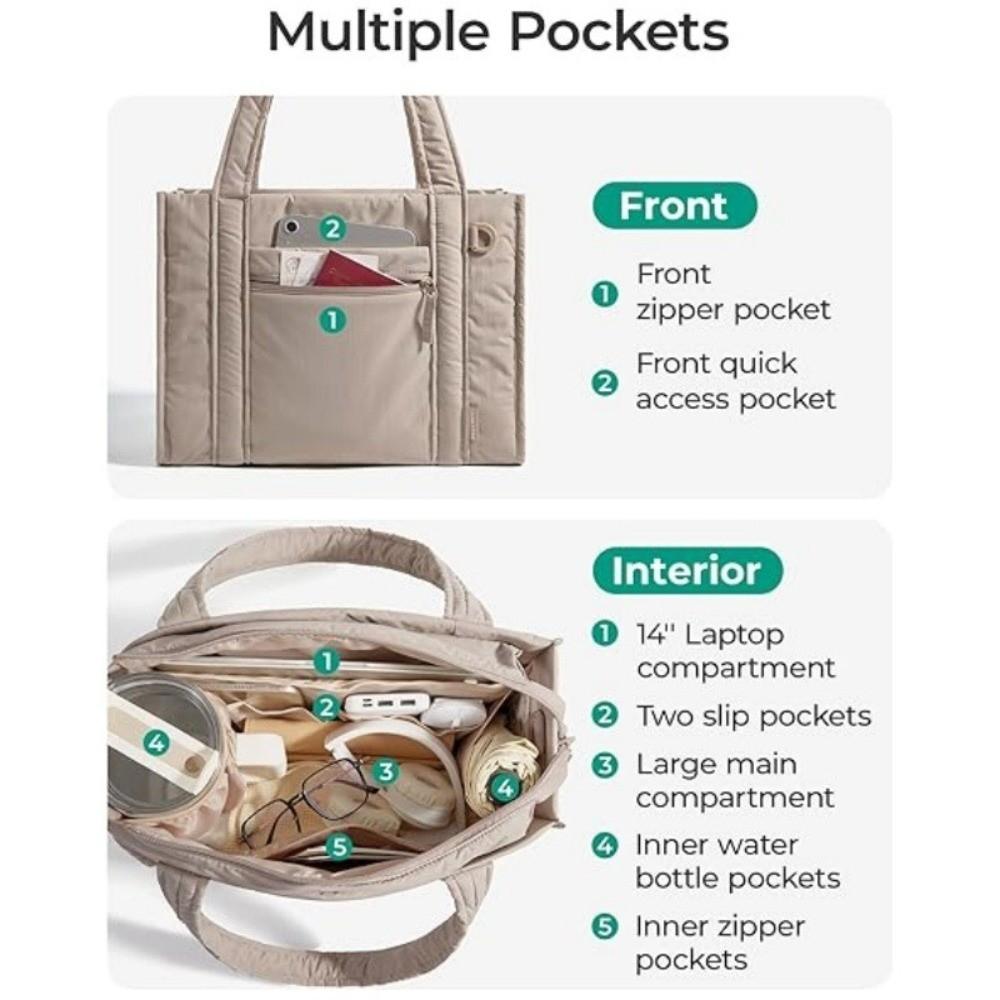 Nylon Puffer Tote Bag for Women Large Capacity Water-resistant Puffy Handbag Multiple Pockets Casual Quilted Crossbody Bag