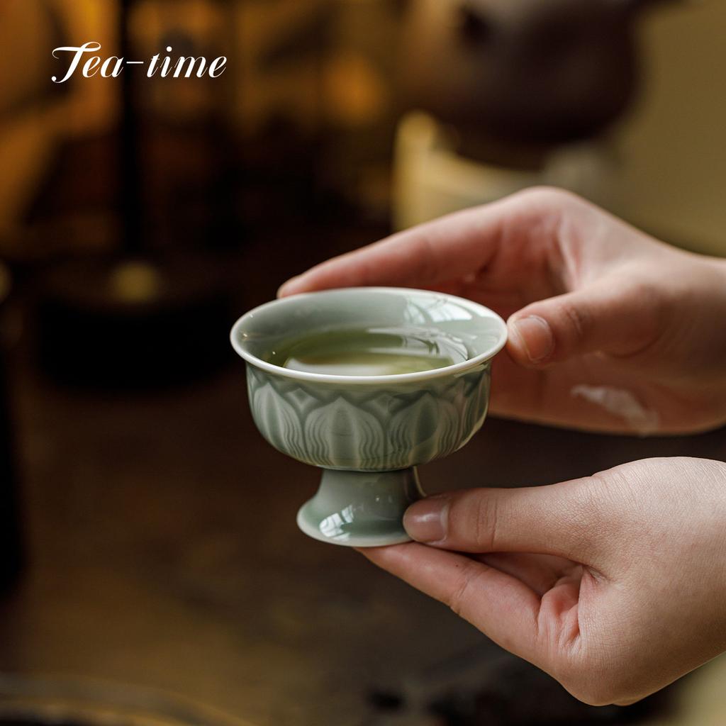 Yue Kiln Celadon Ceramic Tea Cup High-feet Handmade Lotus Petal Cups Tea Bowl Teacup Teacups Pair Puera Ceremony Maker Unusual
