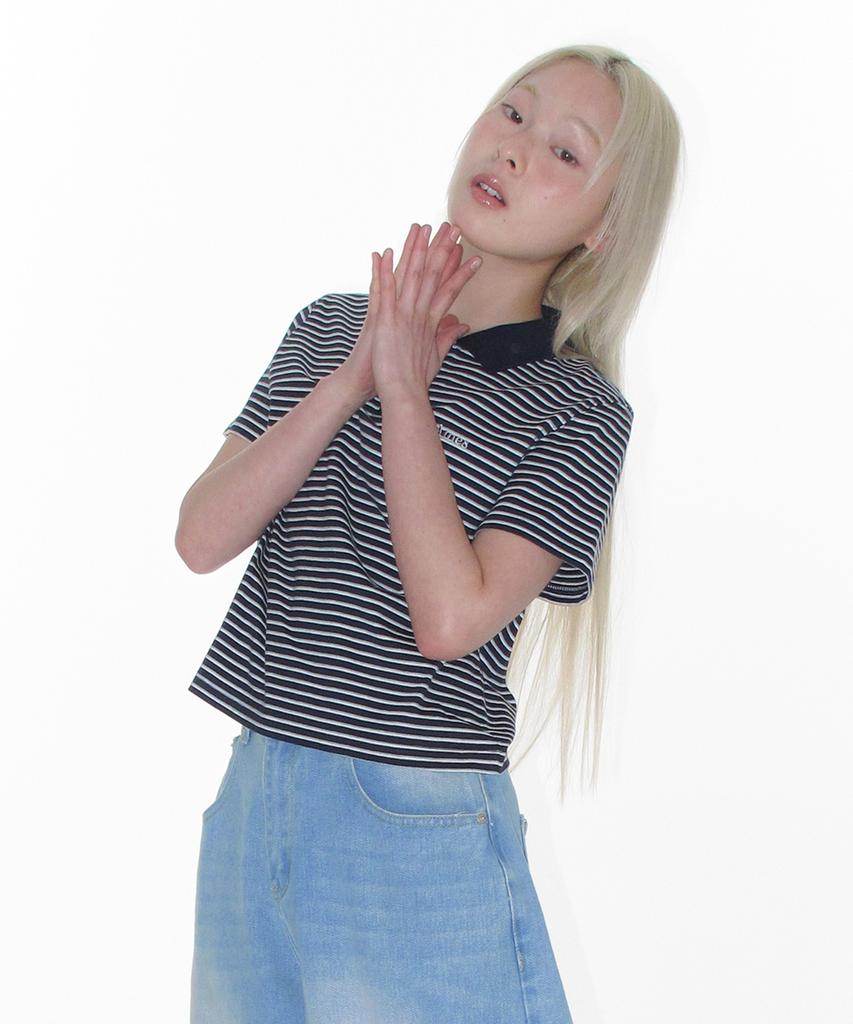 AMES-WORLDWIDE Basic Stripe Collar Tee Navy