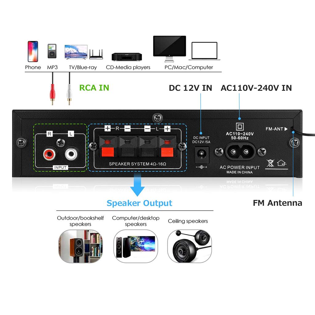 Mini Bluetooth 5.0 Digital Amplifier, USB Player, Stereo, Home, Car, Marine Audio Amplifier, Power Amplifier