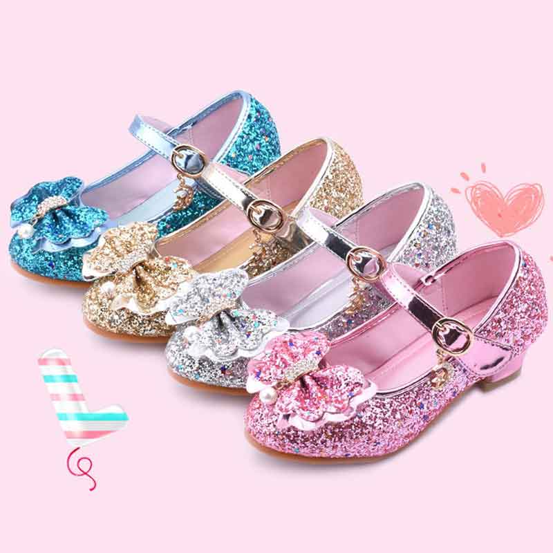 Princess Girls Shoes Party Dance Show Single Leather Shoes Bowtie Sequins Crystal Sandals Western Boutique Children'S High Heels