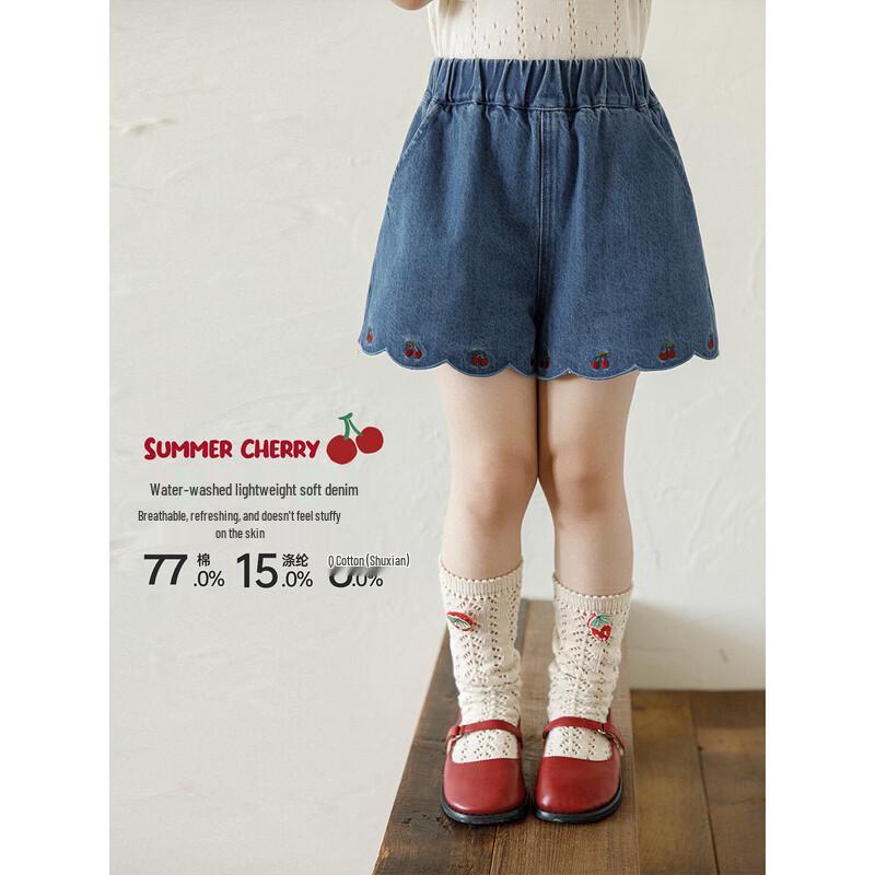 Girls Loose Fit Denim Shorts with Cherry Design 90 cm синий