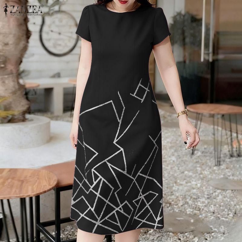 ZANZEA Women Casual Round Neck Summer Short Sleeve Print Dress