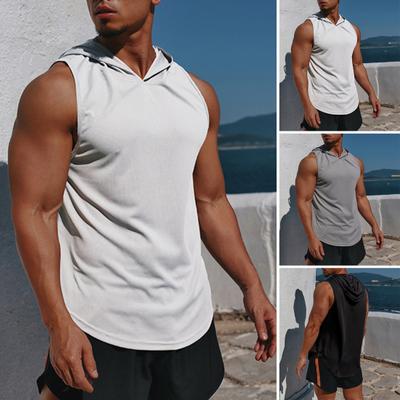 Men Sport Vest Thin Loose Hooded Quick-drying Solid Color Lightweight Stretchy Basketball Jogging Gym Training Tee