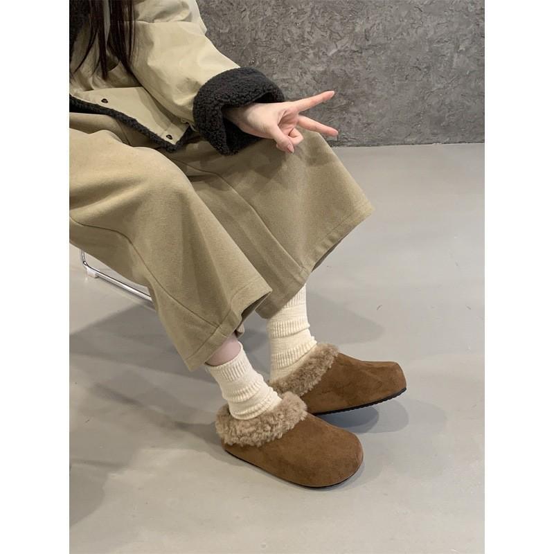 

Plush Plush Bag Head Slippers Autumn And Winter Women Wear Warm Thick-Soled Birkenstocks Half-Towed Flats 40 темно-коричневого кольору