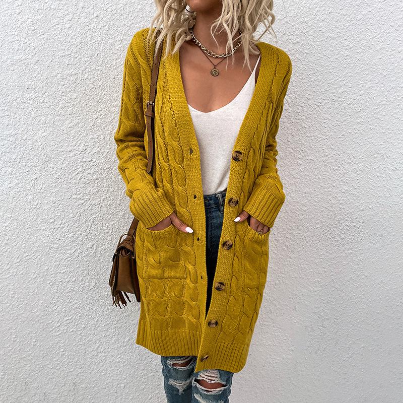 Fuzzy European & American Knitwear: Women's Long Cable Knit Button Cardigan, Autumn/Winter 2023 Edition.