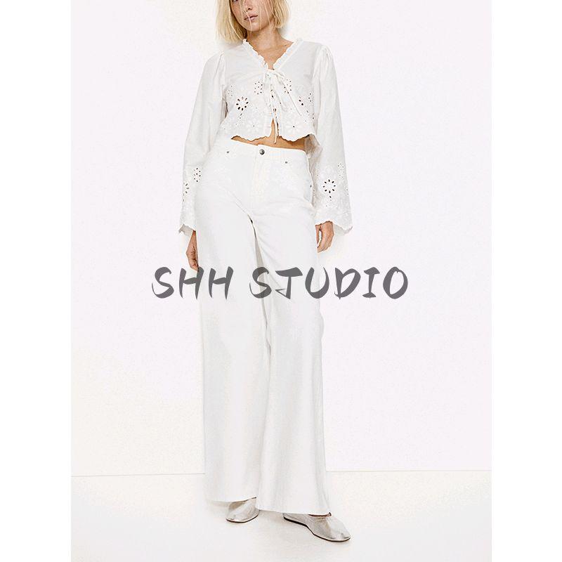 Spring New Women's Clothing Casual Style Puff Sleeves V-neck Hollow Embroider Cotton Shirt Tops 1268146