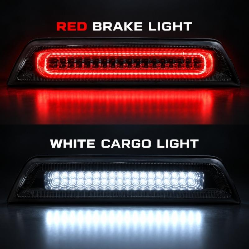 12V Rear Brake Signal Light, 5W LED Design with Matching Mounting Clips, Black PC Housing, Smoked Lens, and High Mounted Placement