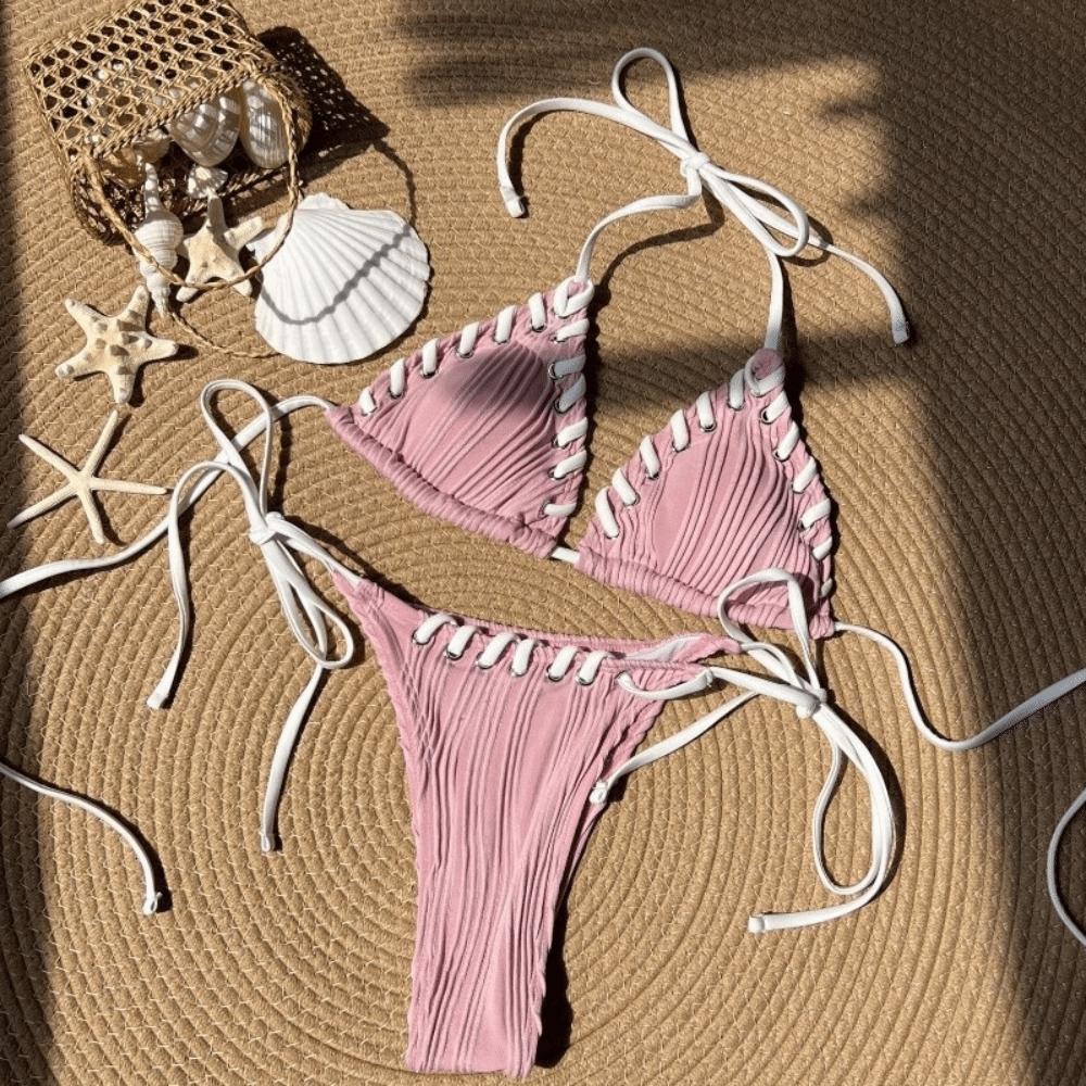 Set Costum de Baie cu Volane Șiret la Gât Tip Halter Costum de Baie cu Bretele Costum Bikini la Modă Piscină