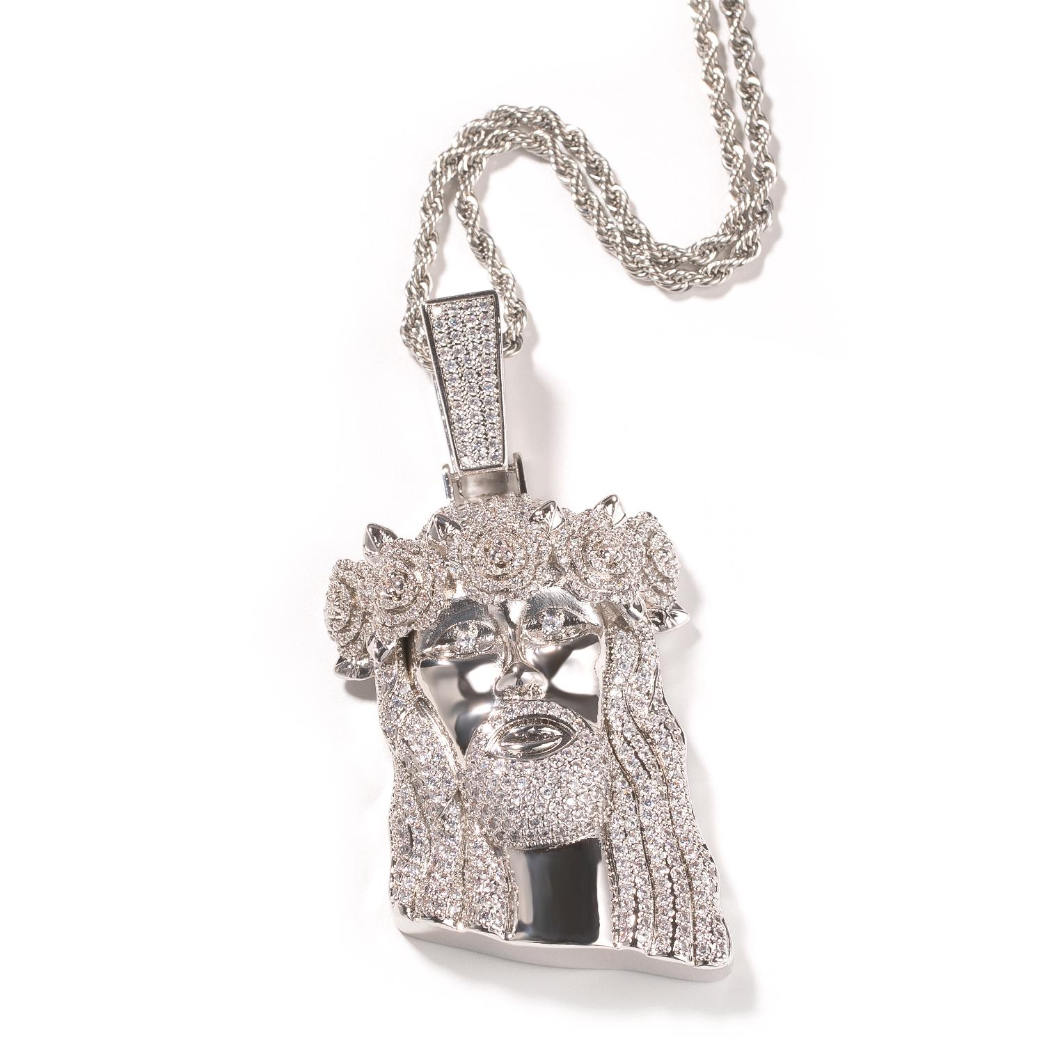 THE BLING KING Rose Flower Jesus Pendant Necklace Full Iced Out Cubic Zirconia Charm Tennis Necklace Fashion Hiphop Jewelry Rope chain16inch серебряный