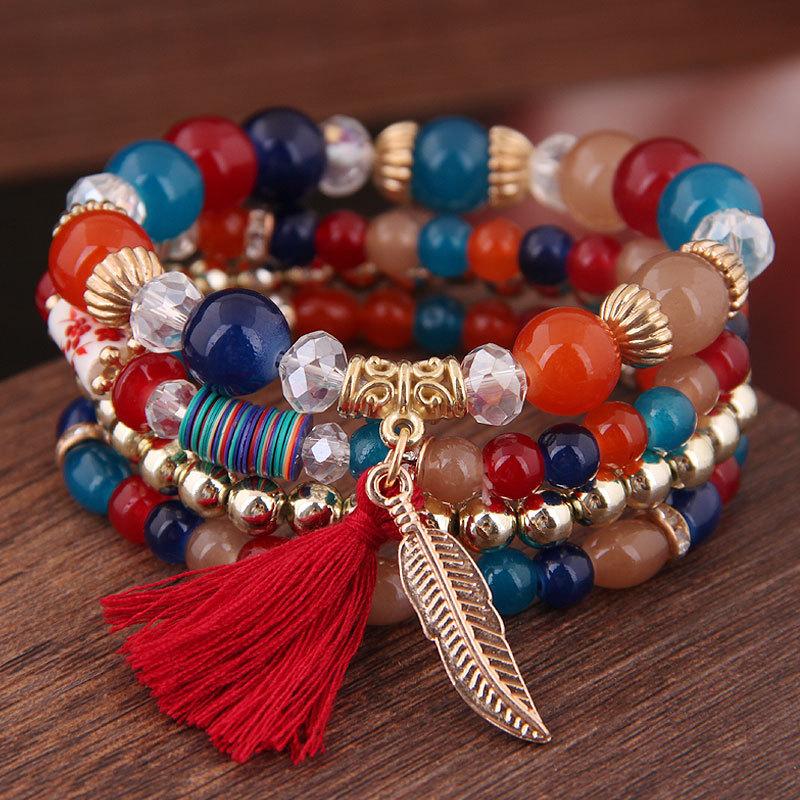 DIEZI Korean Ethnic Bohemian Crystal Beads Leaves Charm Bracelets For Women Girls Elastic Rope Wrap Bracelet Pulseira Feminina