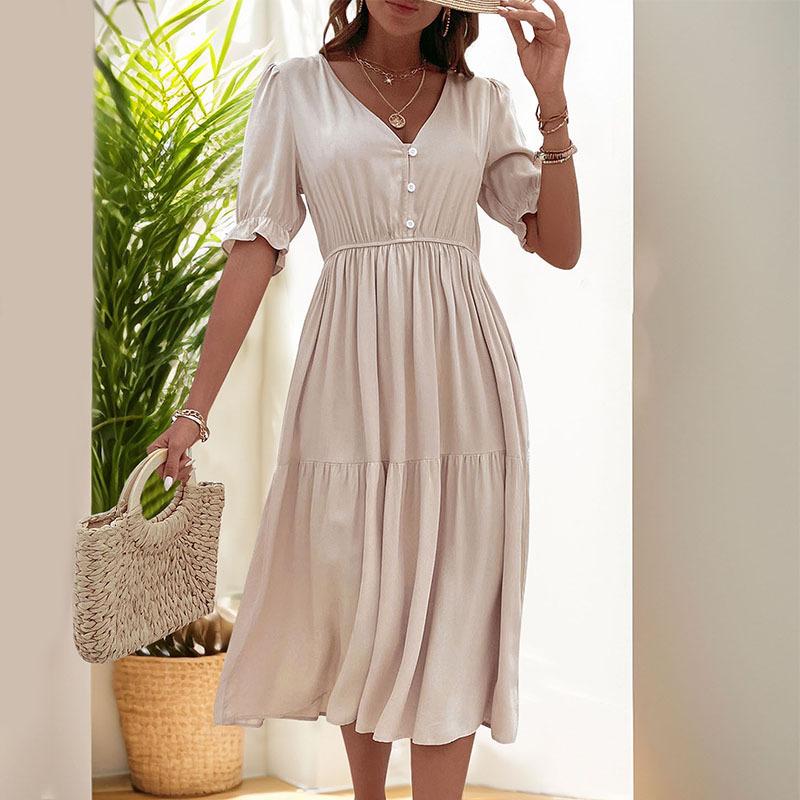 Amazon Independent Station Foreign Trade New European and American Summer Women's Clothing Cross-border Waist V-Neck Solid Color Dress Women