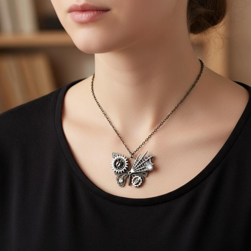 Mystical Mechanical Butterfly Pendant Necklace Gothic Design With Artisanal Distressing Perfect Gift For Alternative Style Lovers