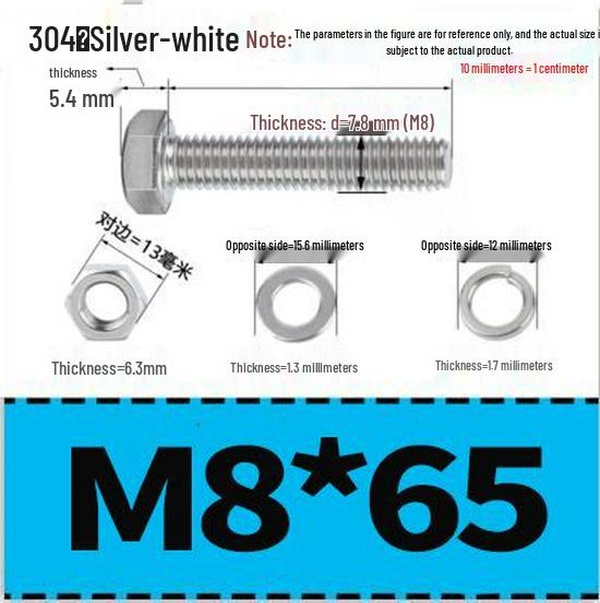304 Stainless Steel Hex Head Bolt and Nut Set M6-M14, Lengths 8-100mm