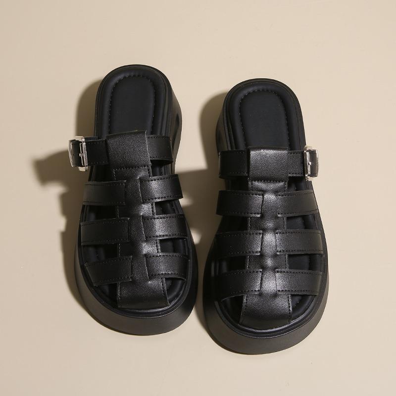 

Модные туфли-мюли Baotou Летние Новые С круглым носком Глубокий вырез Металлическая пряжка Водонепроницаемая платформа Противоскользящие Износостойкие Туфли на танкетке 40 чёрный