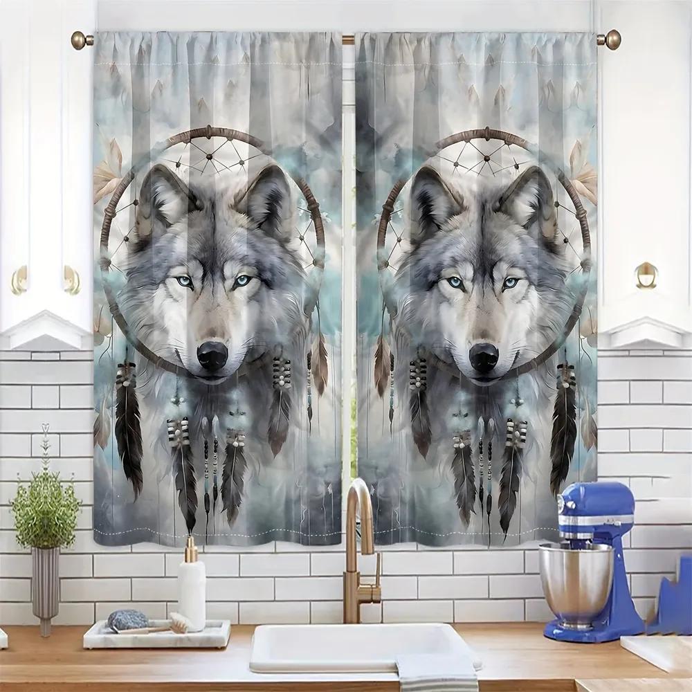 2PCS Bohemian Wolf Head Curtains with Rod Bag Design for Privacy Protection   Suitable for Various Decorative Scenarios